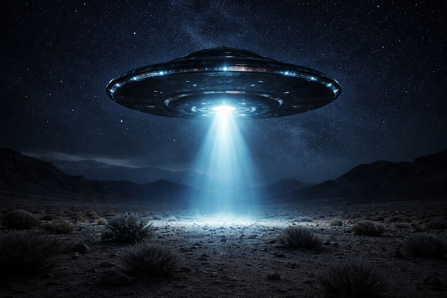 UFO craft over desert landscape at dusk